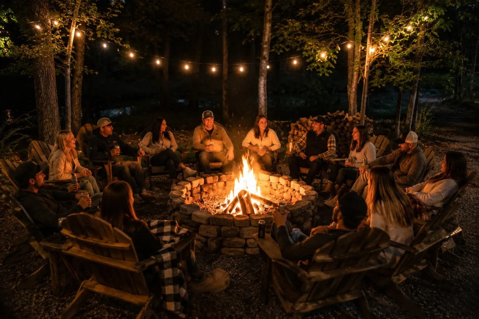 Guests gathered around a creekside bonfire under string lights at The Shed at Papa's Creek