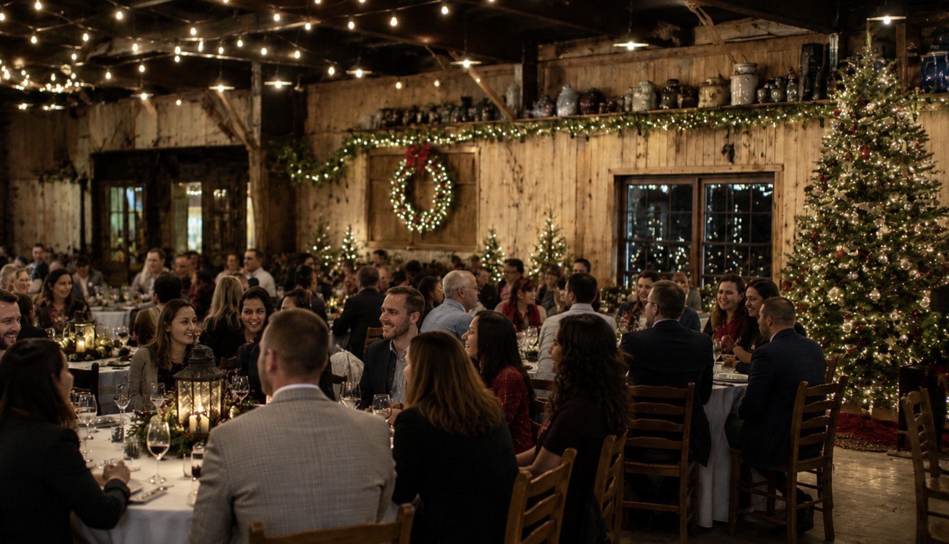 Guests gathered for a candlelit Christmas party inside The Shed at Papa's Creek
