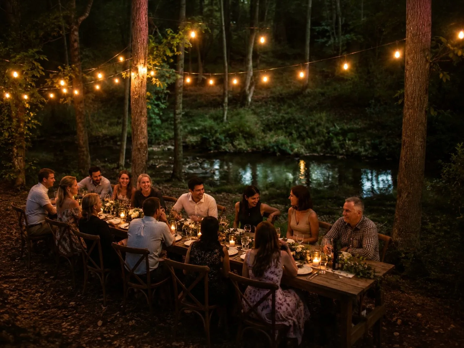Guests sharing dinner by Papa's Creek under warm string lights