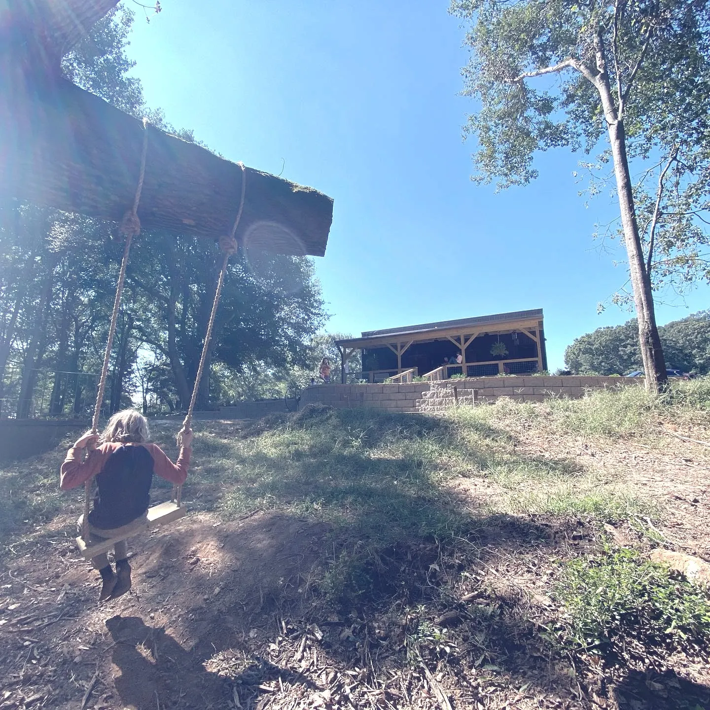 Child on rope swing with The Shed at Papa's Creek venue visible in background, Lavonia Georgia