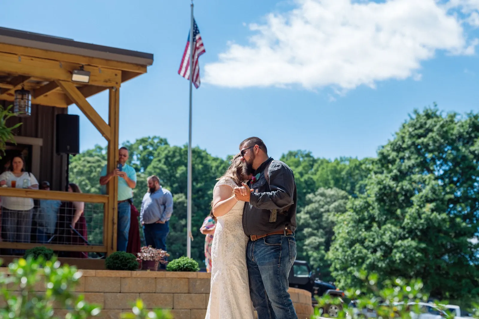 Couple first dance on terrace at The Shed at Papa's Creek, Lavonia Georgia