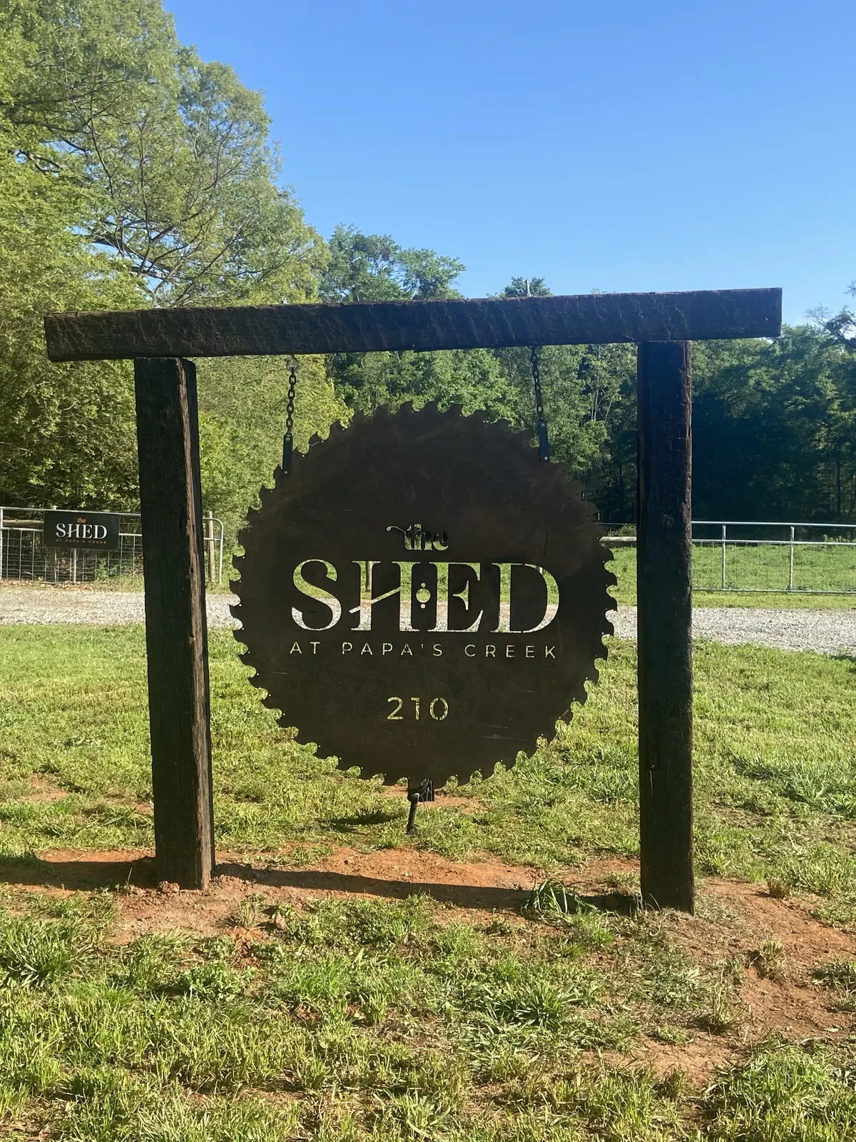 The Shed at Papa's Creek entrance sign – sawblade logo, 210 Thomas Rd, Lavonia Georgia