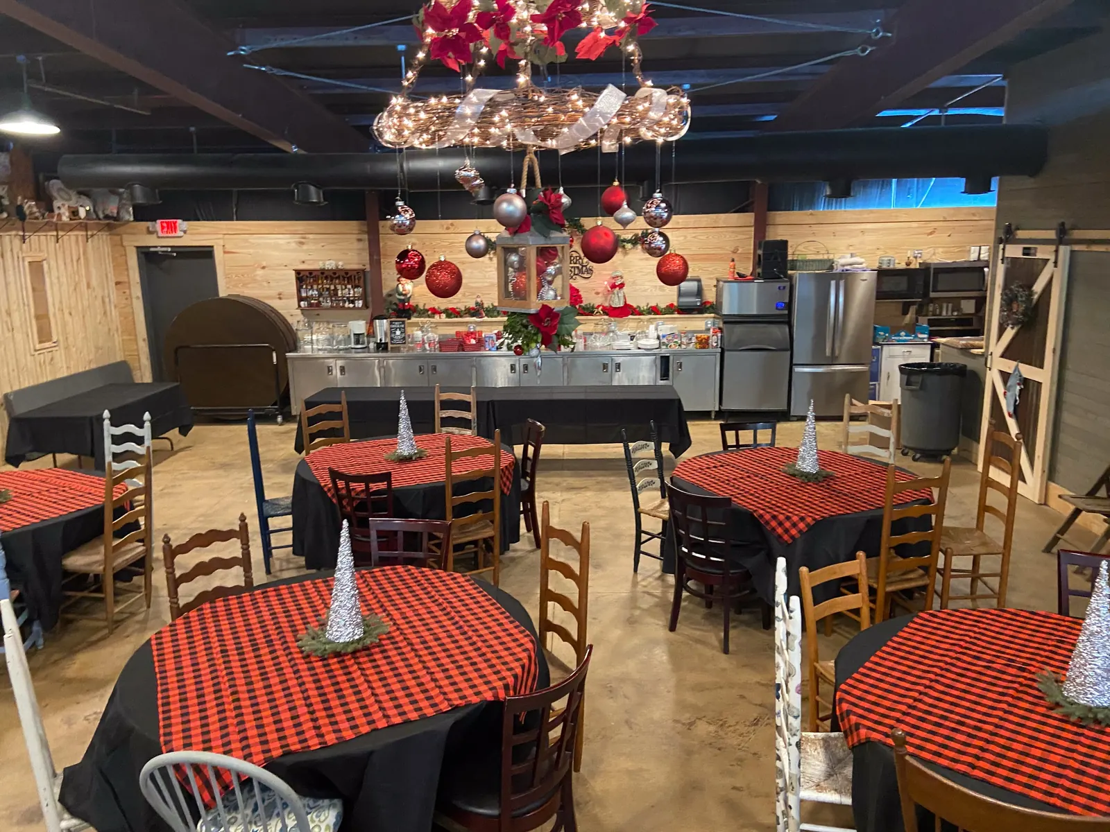Interior of The Shed at Papa's Creek set for a company Christmas party, Lavonia Georgia