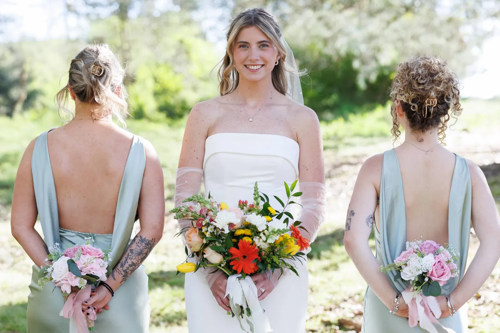 Bride and bridesmaids in sage green at The Shed at Papa's Creek – bridal party portrait, Lavonia Georgia