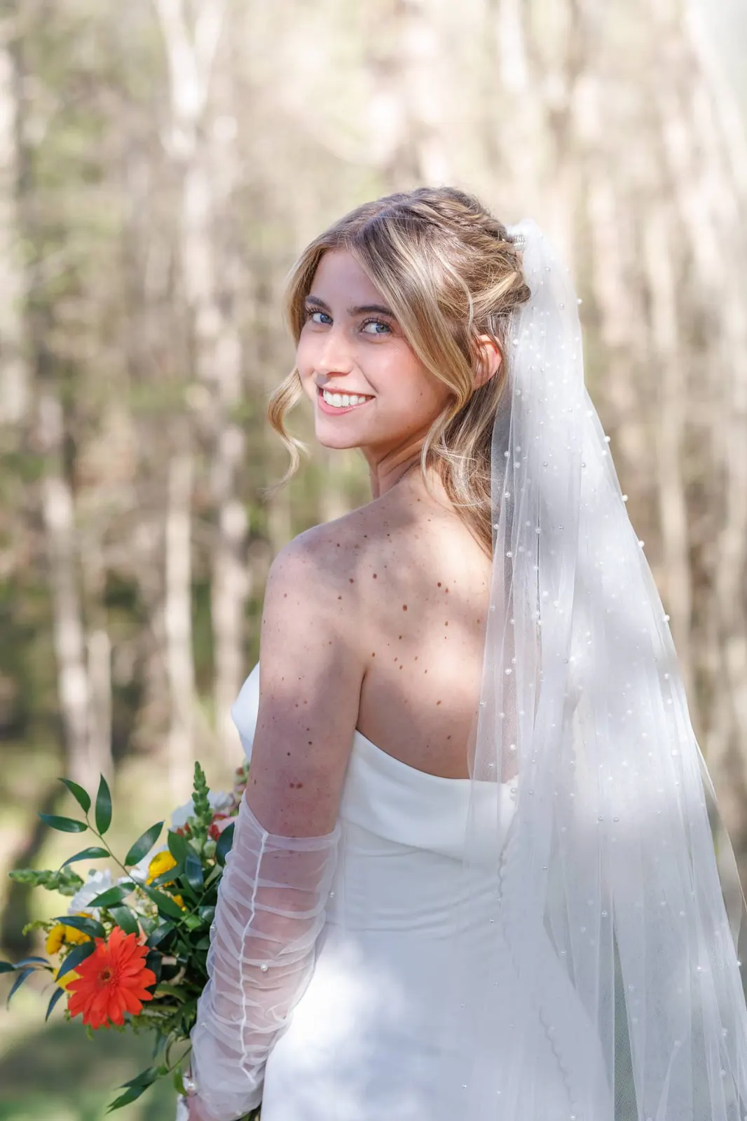 Bride portrait over shoulder – forest and soft light at The Shed at Papa's Creek, Lavonia Georgia