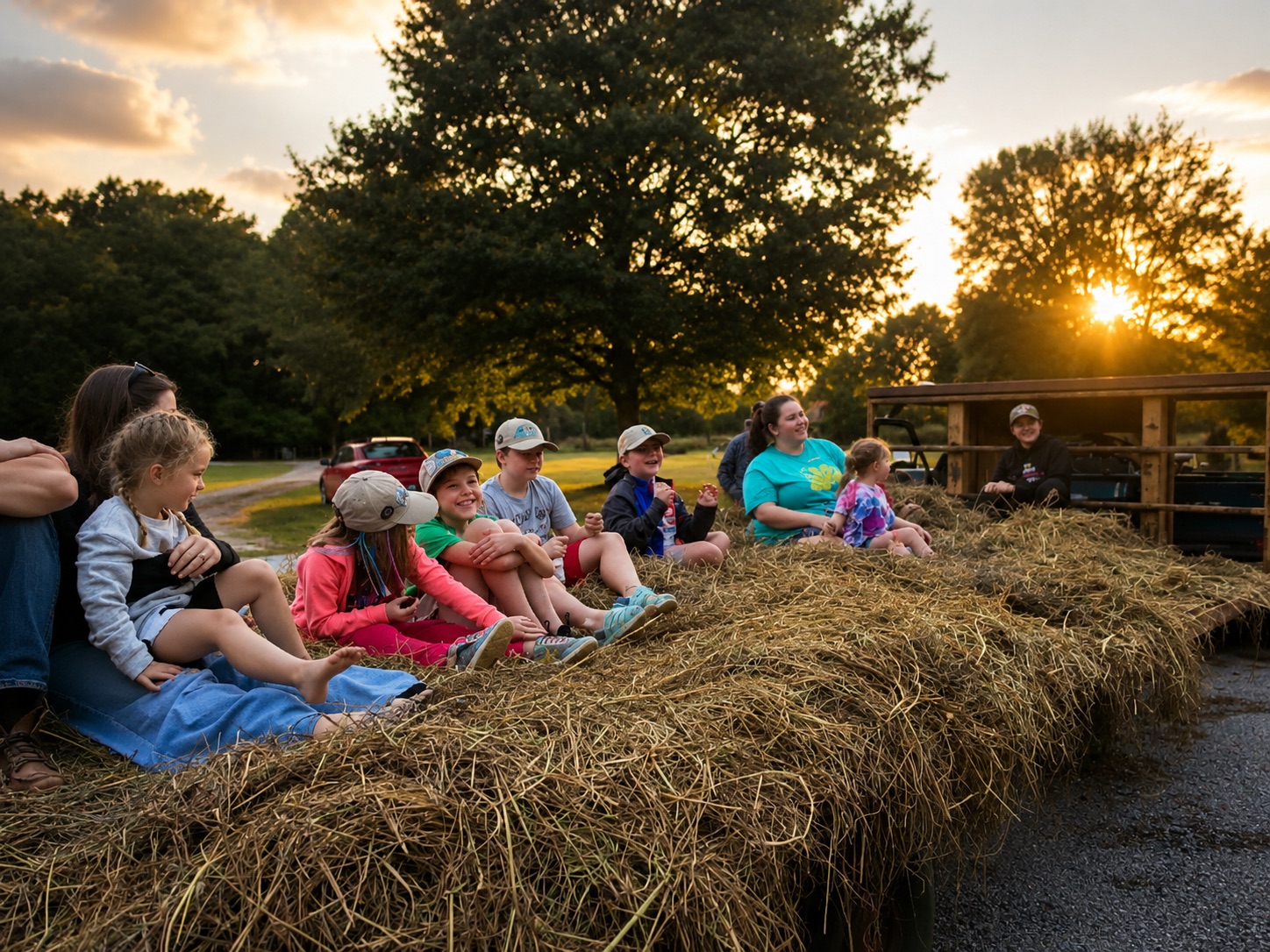 Family and friends riding through the farm on a golden-hour hayride