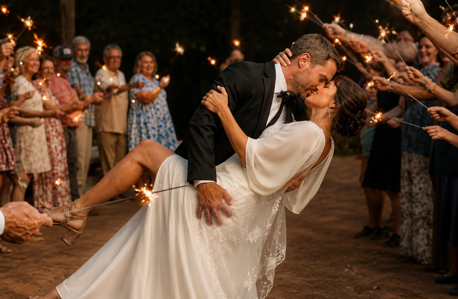 Couple sharing a sparkler-lit dip kiss at The Shed at Papa's Creek wedding venue, Lavonia Georgia