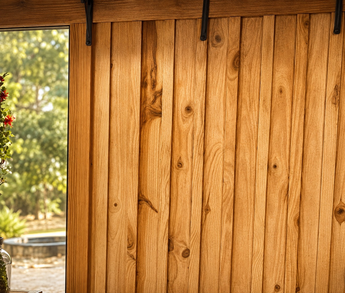 Close view of the locally milled oak slab walls inside The Shed