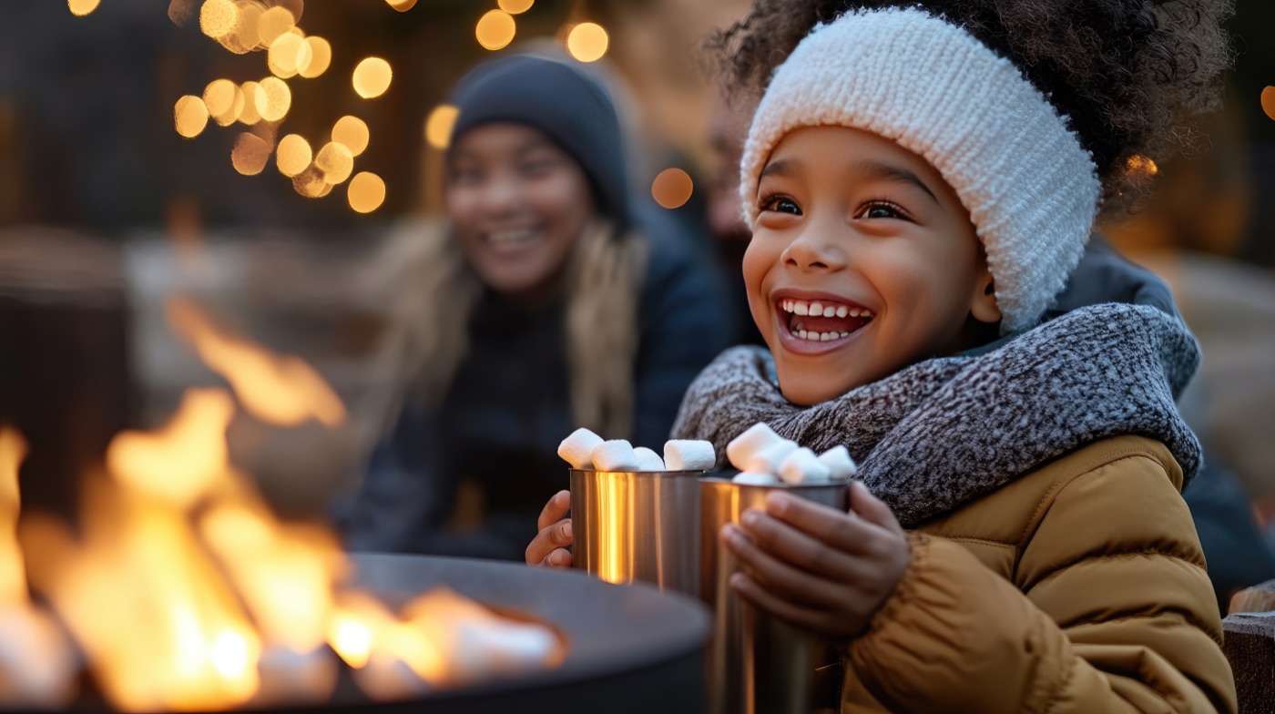 A child with a mug of marshmallows by the fire