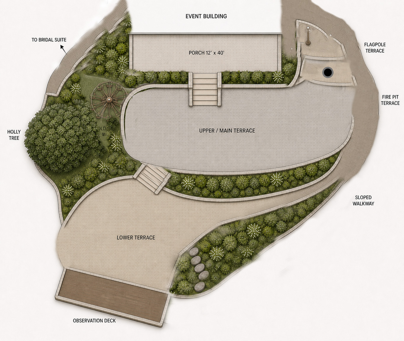 Illustrated overhead plan of The Shed's covered porch and landscaped event terraces