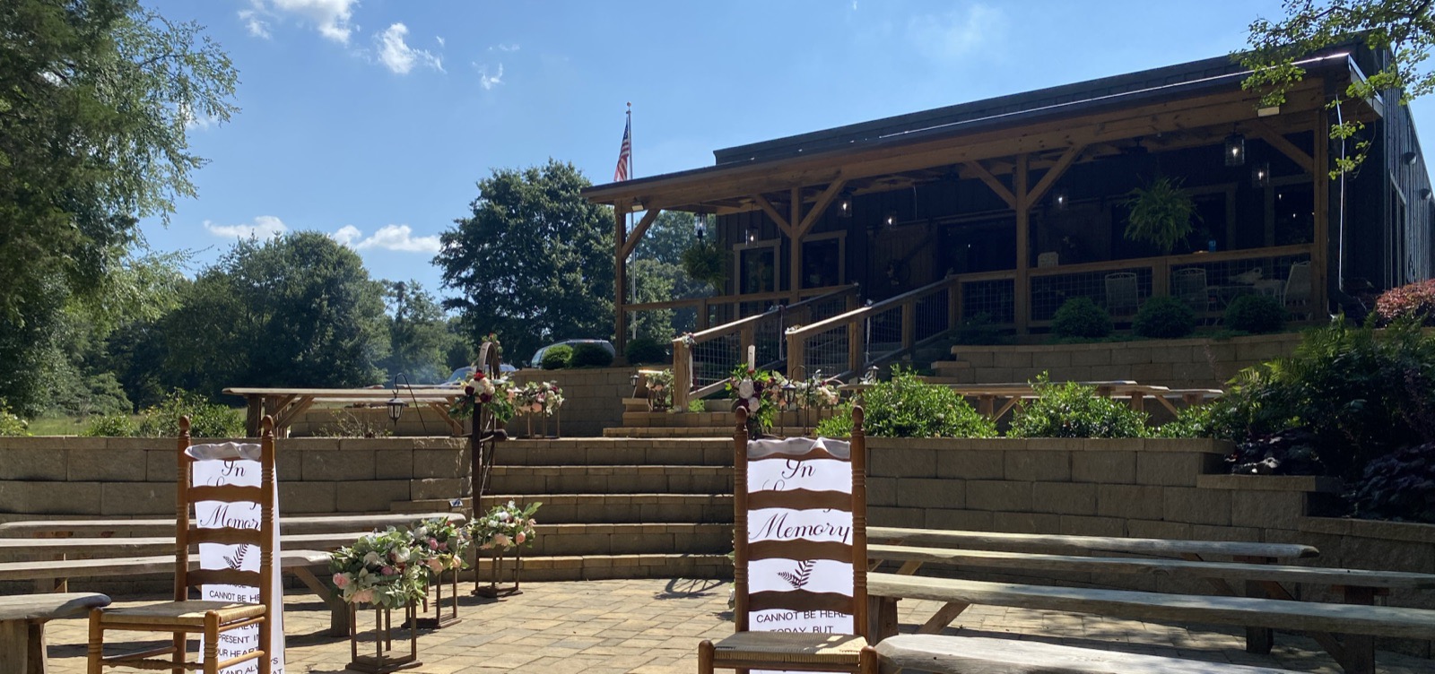 Wide view of the wedding terraces prepared for arriving guests